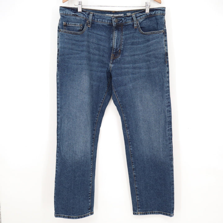 Amazon Essentials Mens Straight Fit Medium Wash Blue Jeans 36x28 Stretch Denim