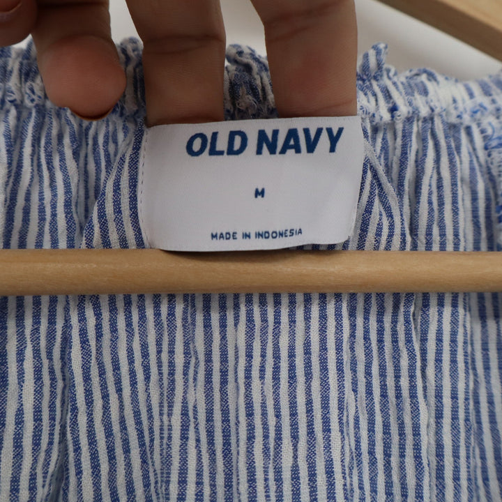 Old Navy Womens Blue White Striped Peasant Blouse V-Neck Balloon Sleeve Size M