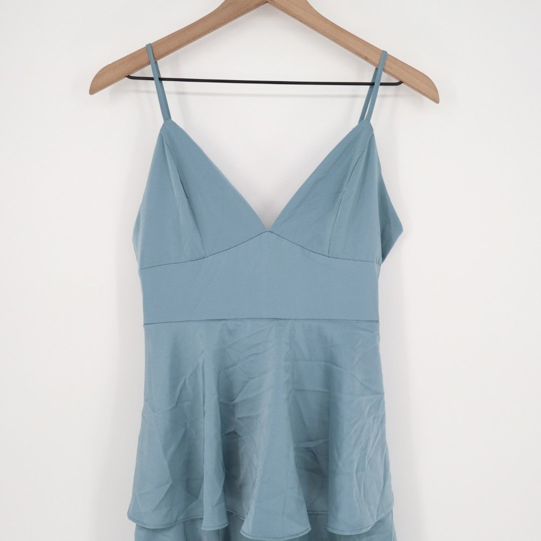 Lulus Going with Elegance Gown Dress Women Small Slate Blue Stretch Satin Tiered