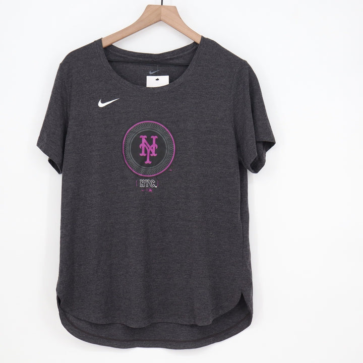 Nike Womens New York Mets MLB Graphic T-Shirt Charcoal Grey Pink Logo Large NEW