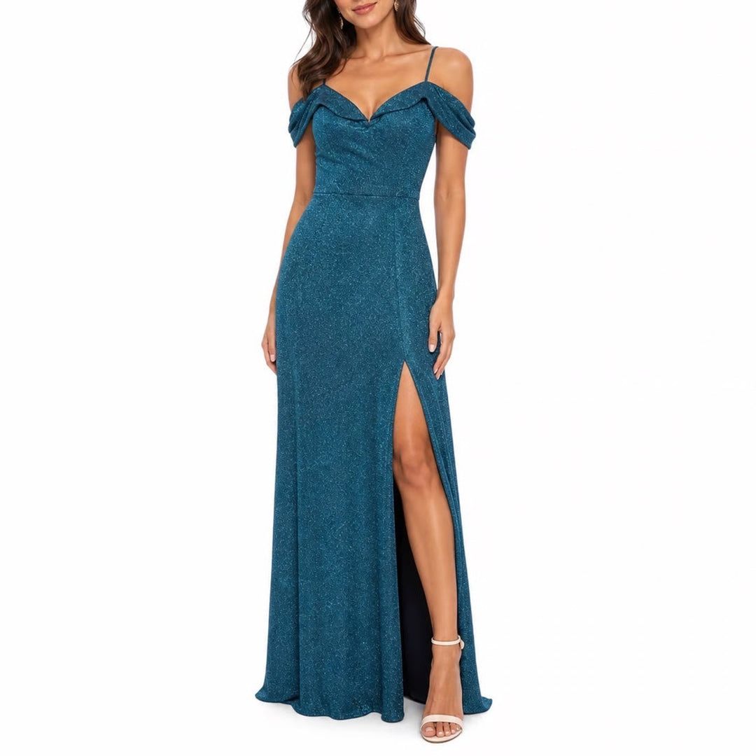 Morgan & Co Teal Blue Metallic Off-The-Shoulder Formal Gown Dress 22W