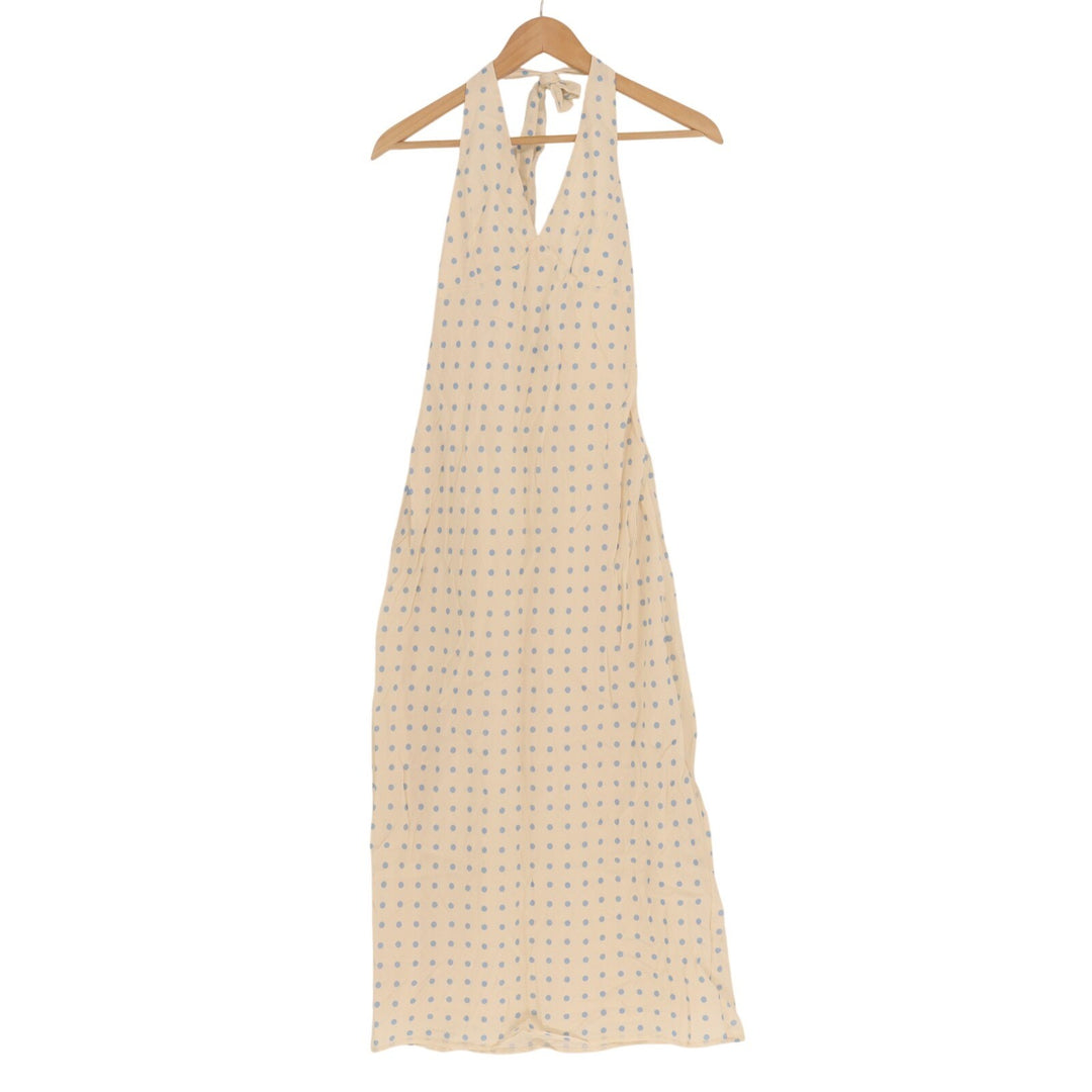 Lulus Meara Maxi Dress Womens XS Cream Blue Polka Dot Halter Neck Open Back