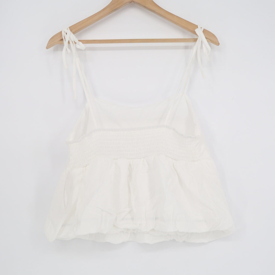 Kirious Los Angeles White Cotton Tie Shoulder Smocked Babydoll Peplum Top Large