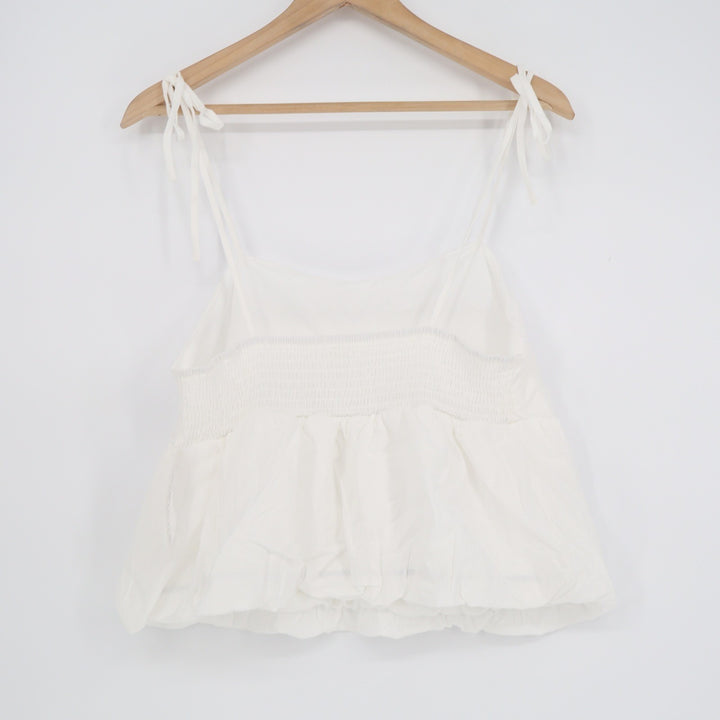 Kirious Los Angeles White Cotton Tie Shoulder Smocked Babydoll Peplum Top Large