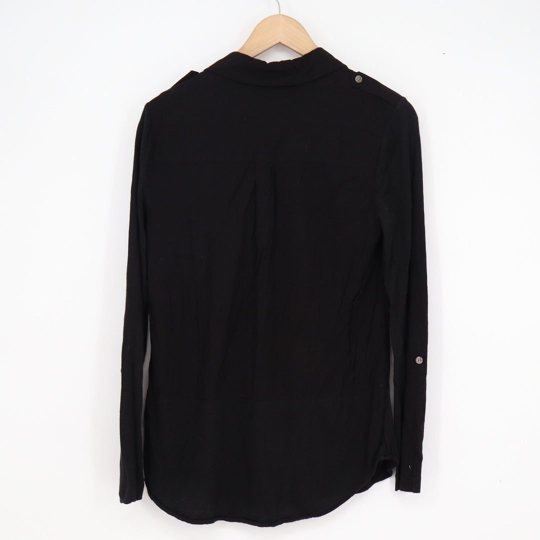 Two by Vince Camuto Womens Black Mixed Media Roll Tab Button Down Shirt Small