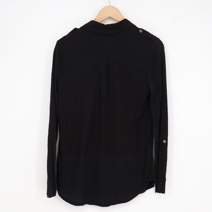 Two by Vince Camuto Womens Black Mixed Media Roll Tab Button Down Shirt Small