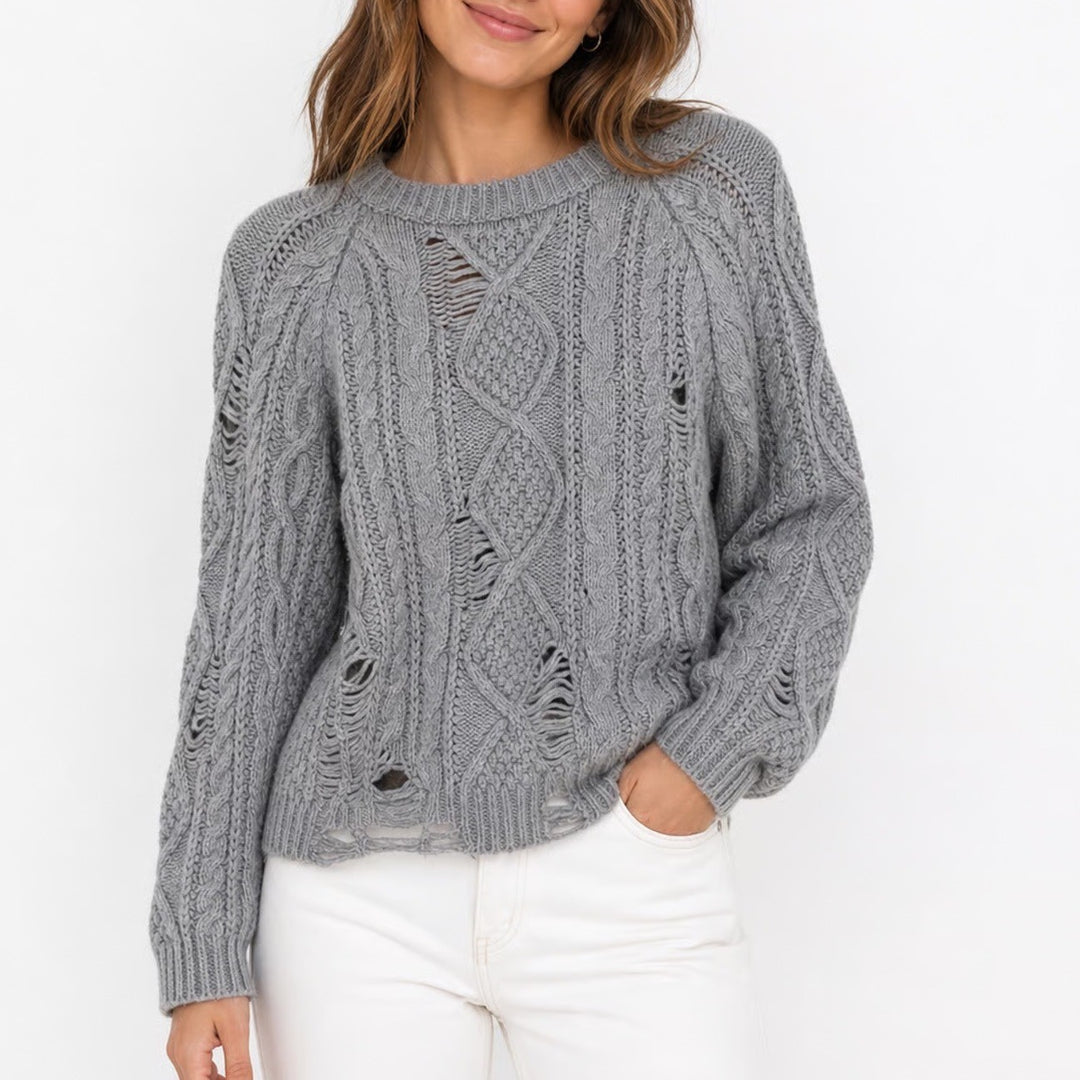 Boohoo Gray Distressed Cable Knit Sweater Womens Size SM Crew Neck Grunge Edgy