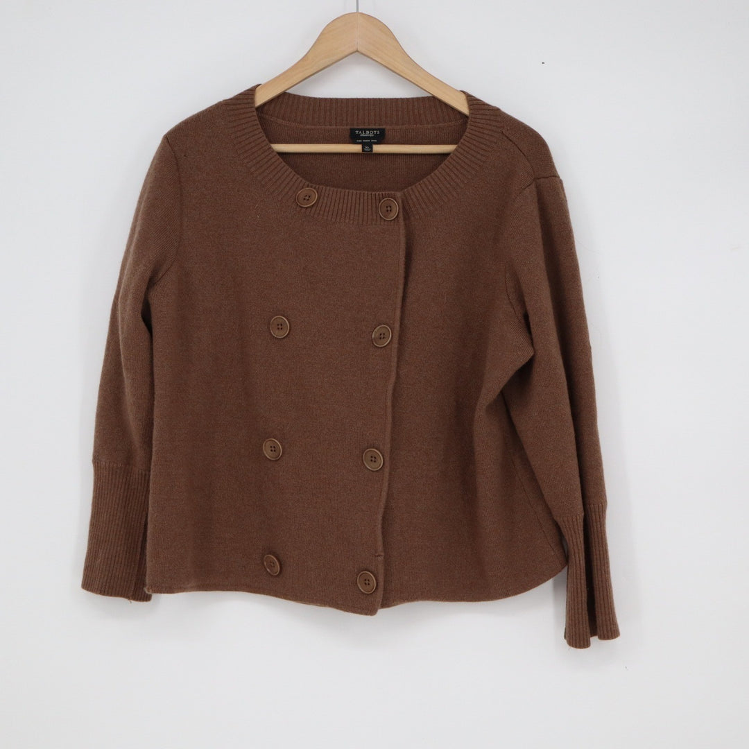 Talbots Brown Pure Merino Wool Double Breasted Cardigan Sweater XL
