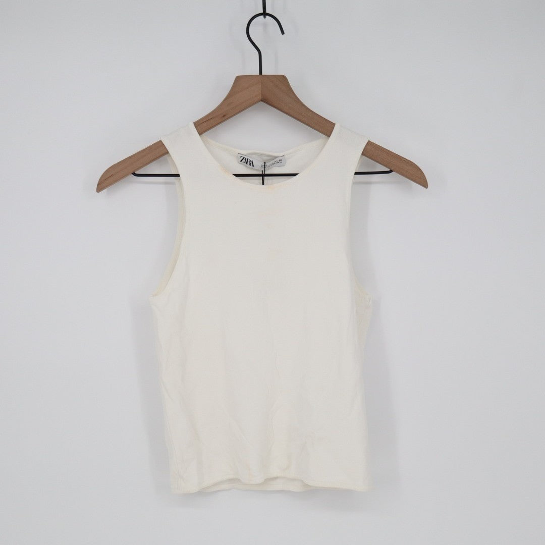 Zara Crop Tank Top Womens Large Off White Knit Wide Strap Scoop Neck Pullover