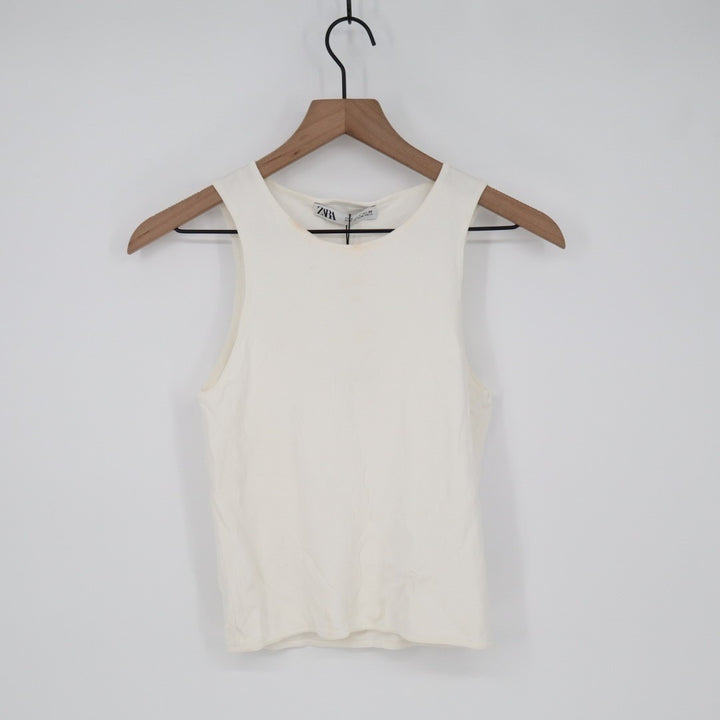 Zara Crop Tank Top Womens Large Off White Knit Wide Strap Scoop Neck Pullover