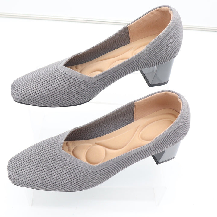 Gray Ribbed Knit Block Heel Pumps Square Toe Cushioned Insole Size 41