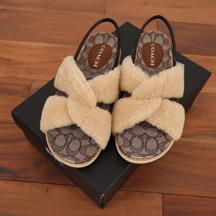 Coach Tally Shearling Sandal Natural Signature Monogram Size 8