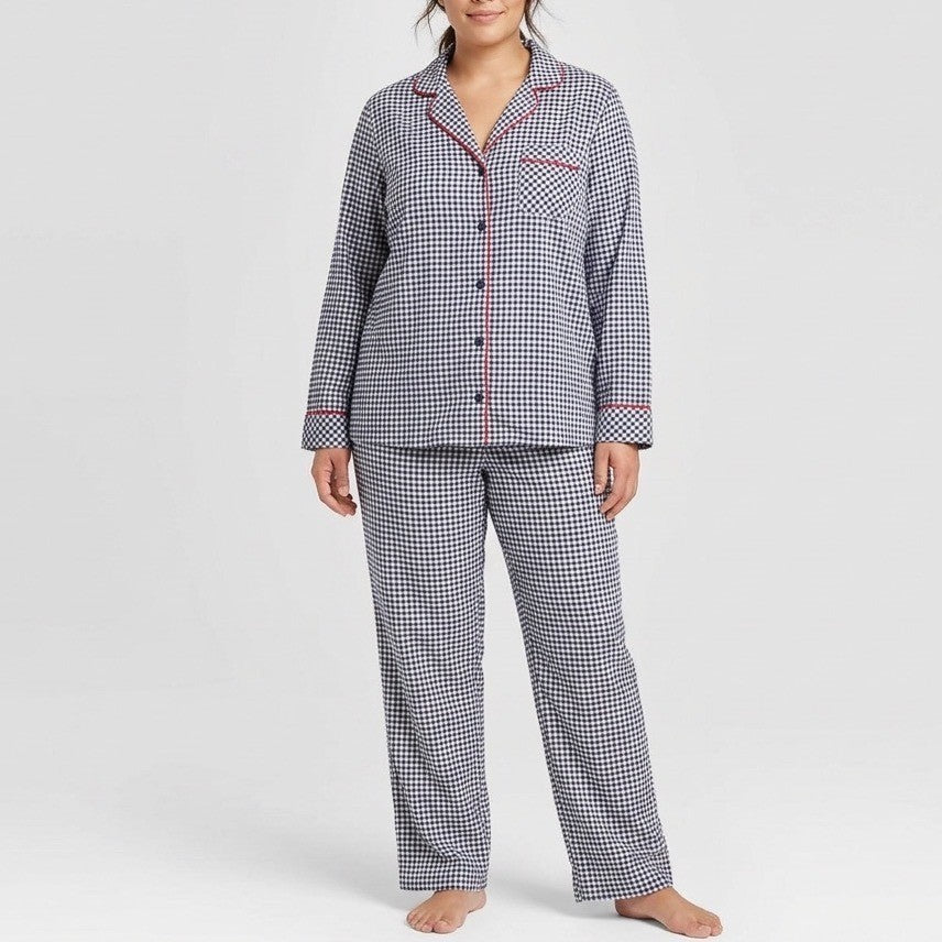 Charter Club Flannel 2-PC Pajamas Set Womens M Blue Gingham Check Lapel Collar