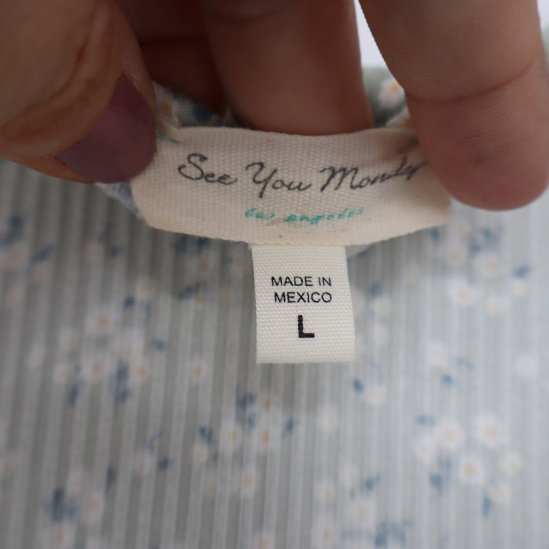 See You Monday Sage Green Floral Ribbed V-Neck Tiered Maxi Dress Womens Large