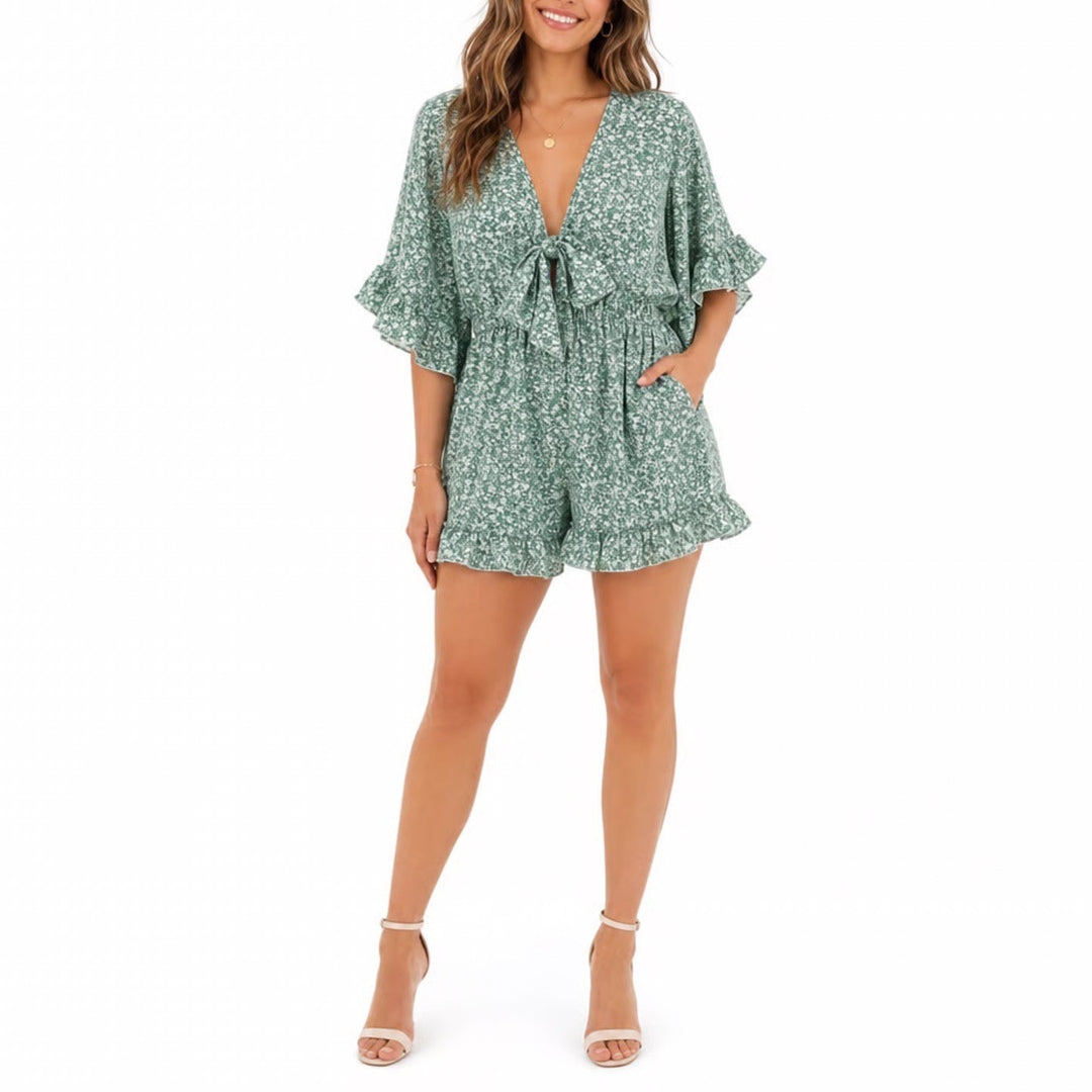 Shein Karismina Jumpsuit Womens M Green Ditsy Floral Twist Front Batwing Sleeve