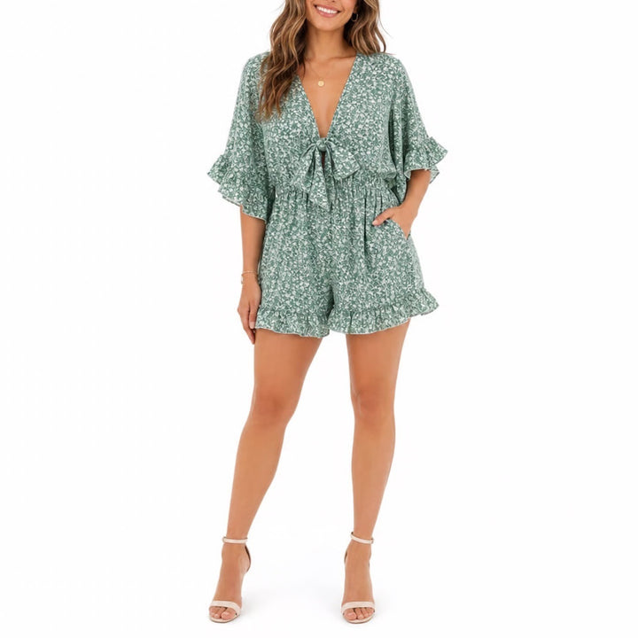 Shein Karismina Jumpsuit Womens M Green Ditsy Floral Twist Front Batwing Sleeve