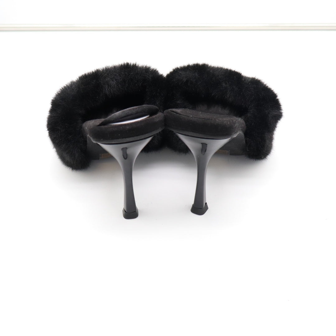 Jeffrey Campbell Utopic Slide Womens US 7.5 Black Faux Fur Stiletto Heel Sandals