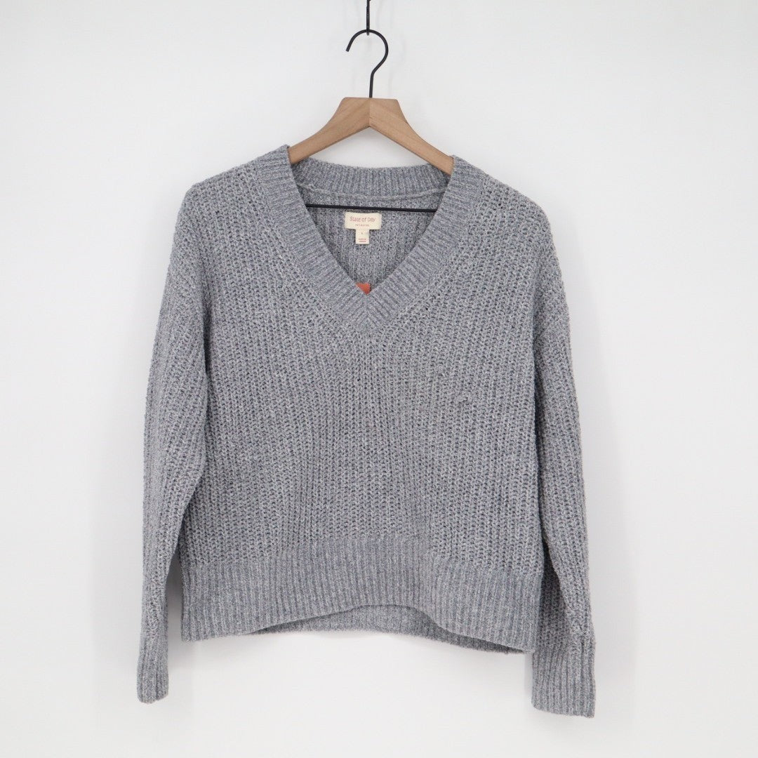 State Of Day Intimates Crop Sweater Womens Large Gray Knit V-Neck Long Sleeve