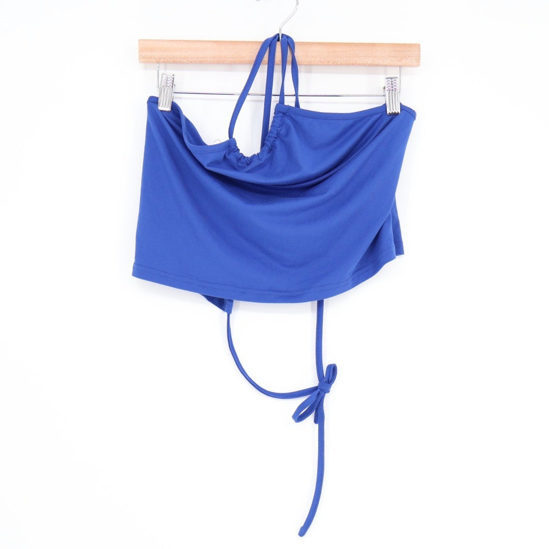 Shein Icon Top Womens Large Blue Ruched Tie Backless Hanky Hem Mesh Halter Neck