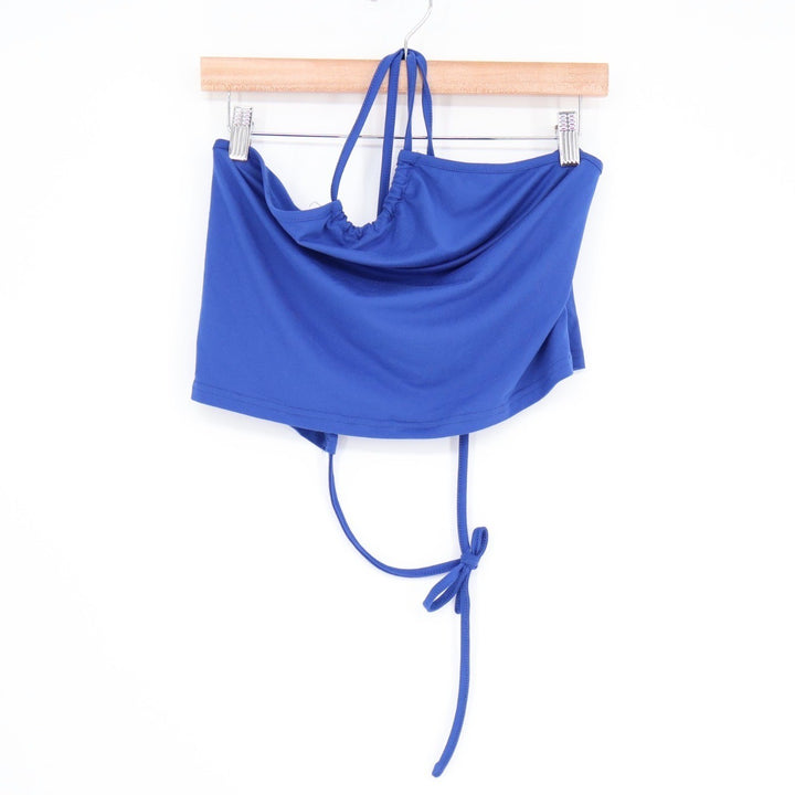 Shein Icon Top Womens Large Blue Ruched Tie Backless Hanky Hem Mesh Halter Neck