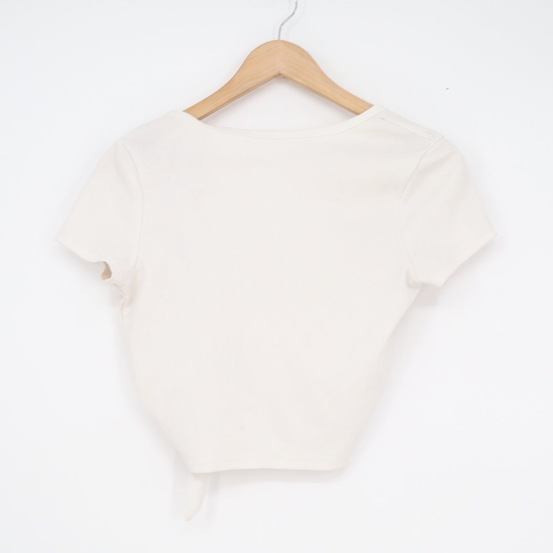 Cream Ribbed Tie Front Crop Top Short Sleeve V-Neck Off White Size L