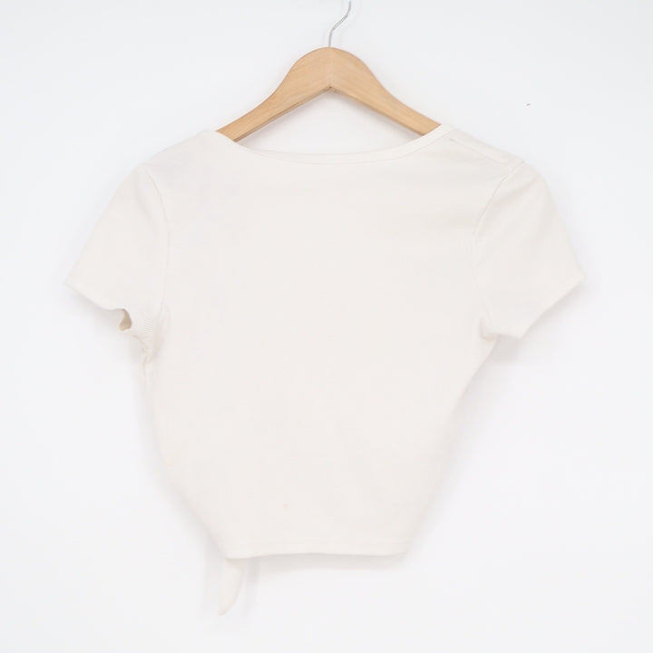 Cream Ribbed Tie Front Crop Top Short Sleeve V-Neck Off White Size L