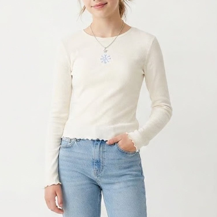 Art Class Girls XXL 16/18 Cream Ribbed Long Sleeve Snowflake Lettuce Trim Top