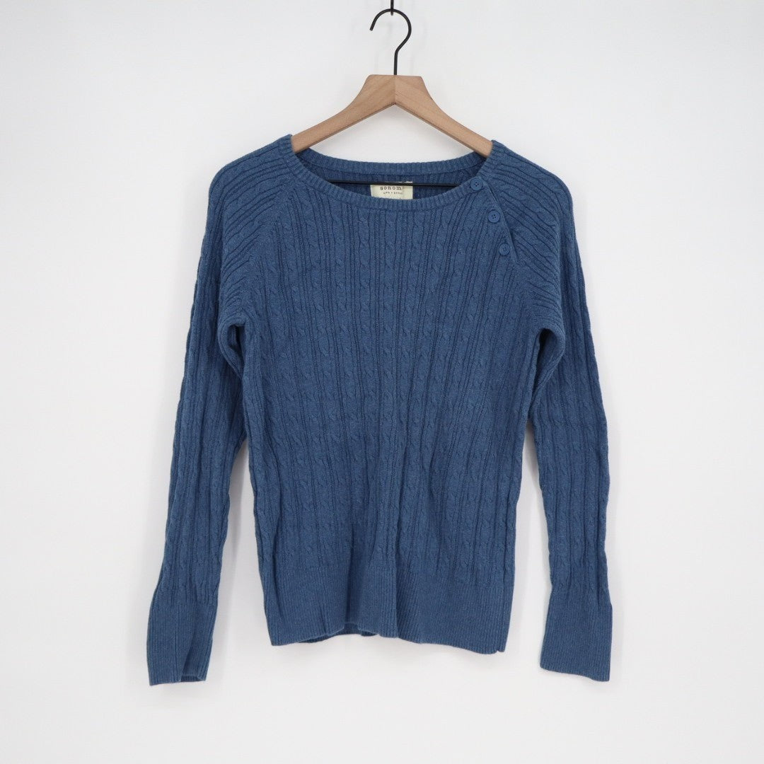 Lands End Sweater Womens XL Blue Cable Knit Cotton Round Neck Shoulder Button
