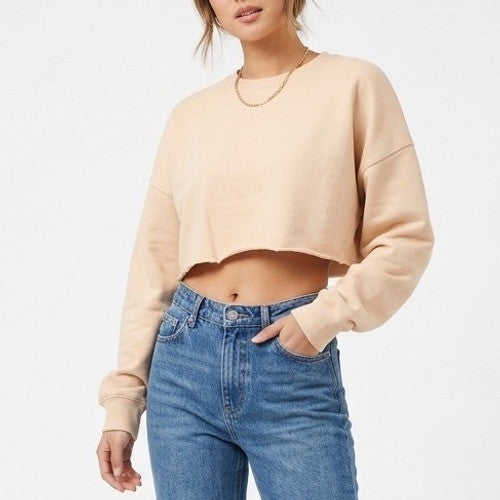 Naked Wardrobe Cropped Sweatshirt XL Beige Raw Hem Long Sleeve