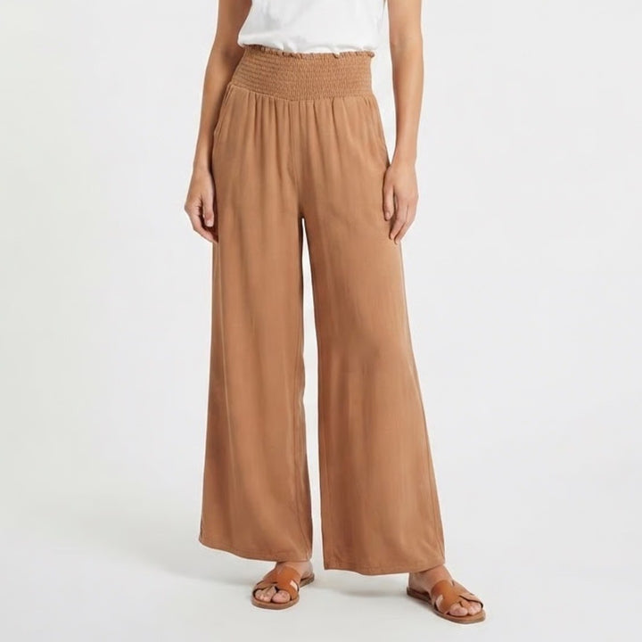 Urban Coco Womens Wide Leg Smocked Waist Pants Camel Brown Size L Relaxed Boho