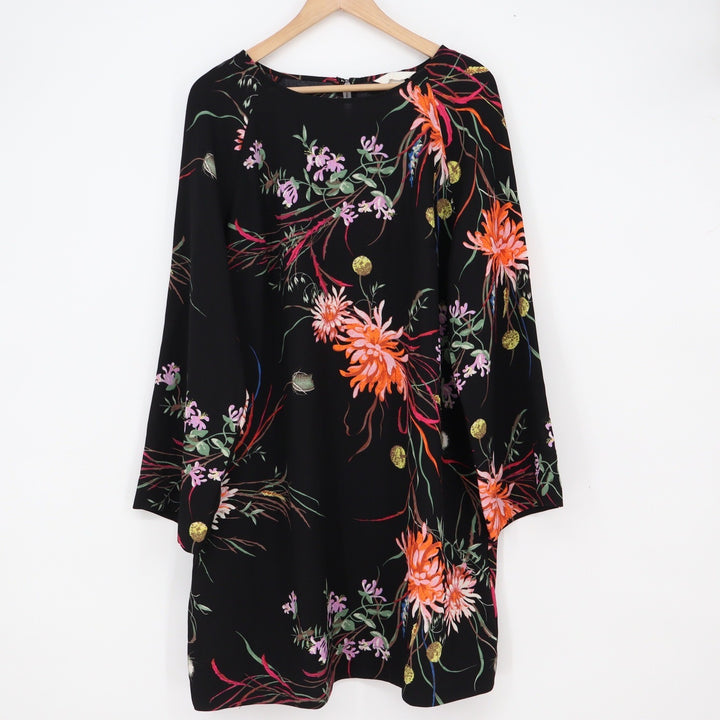 H&M Dress Womens Large Shift Black Floral Long Sleeve Botanical Excellent