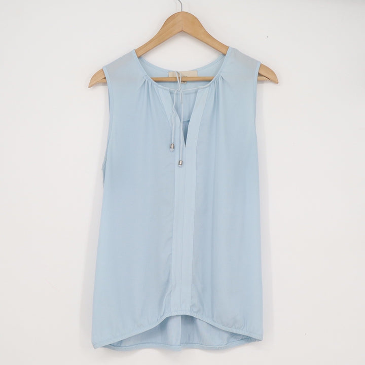 Ann Taylor LOFT Light Blue Sleeveless Mixed Media Split Neck Tie Blouse Medium