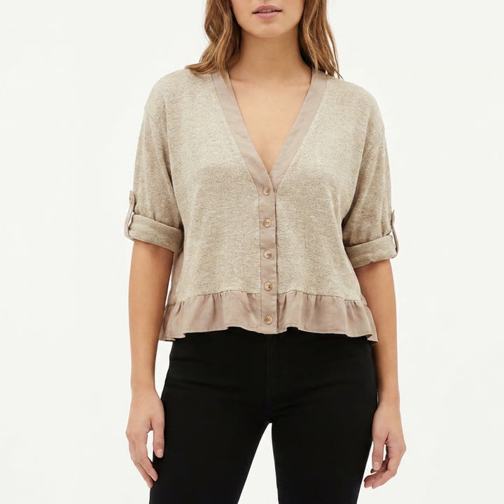 Forever 21 cardigan Crop Sweater Womens Large Gray Cotton V-Neck Roll Tab Sleeve