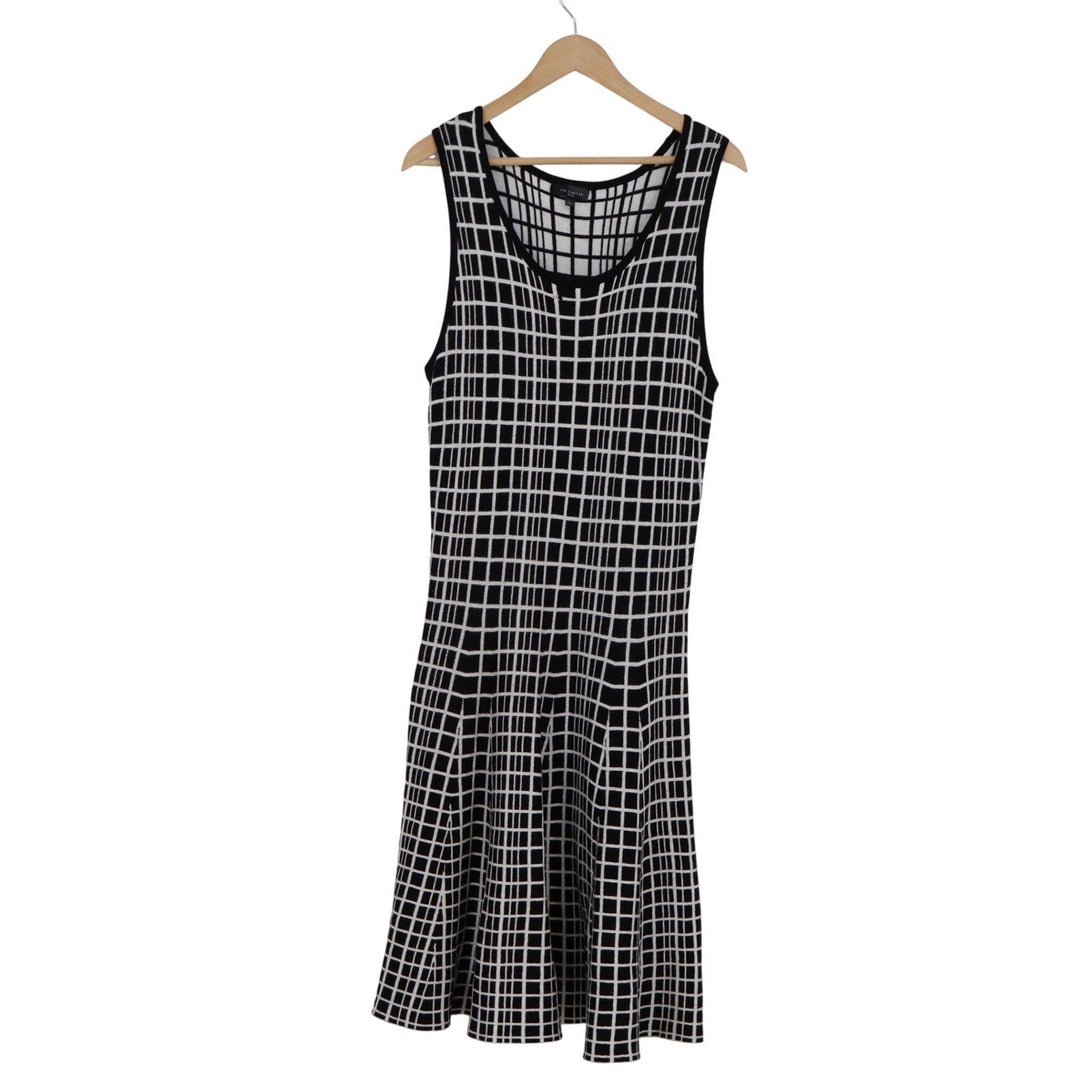 The Limited Black White Windowpane Grid Fit & Flare Knit Midi Dress Womens L