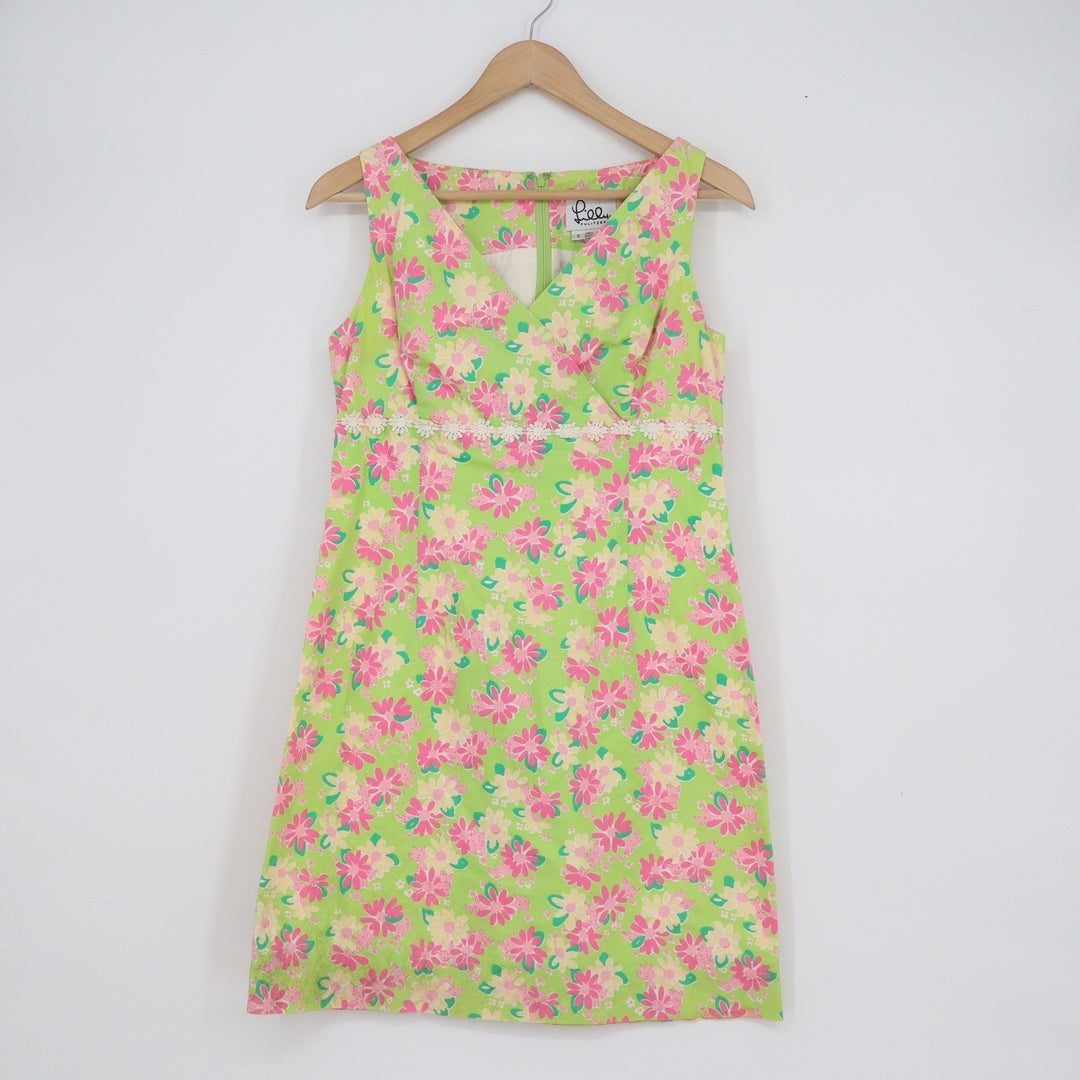 Lilly Pulitzer Floral Shift Dress Green Pink Lace Trim V-Neck Womens Size 6