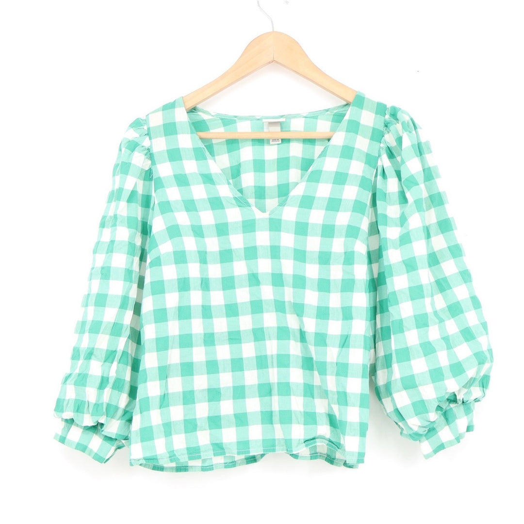 A New Day Green Gingham V-Neck Puff Sleeve Blouse Top S Mint White Check
