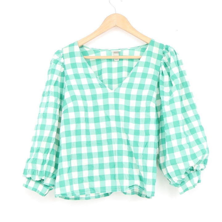 A New Day Green Gingham V-Neck Puff Sleeve Blouse Top S Mint White Check