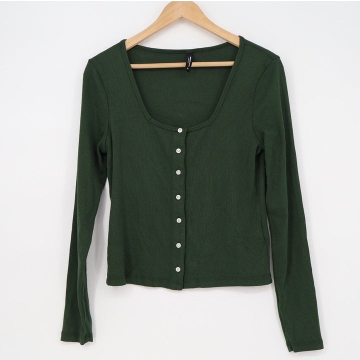 American Giant Ribbed Button Front Long Sleeve Top Green Size M