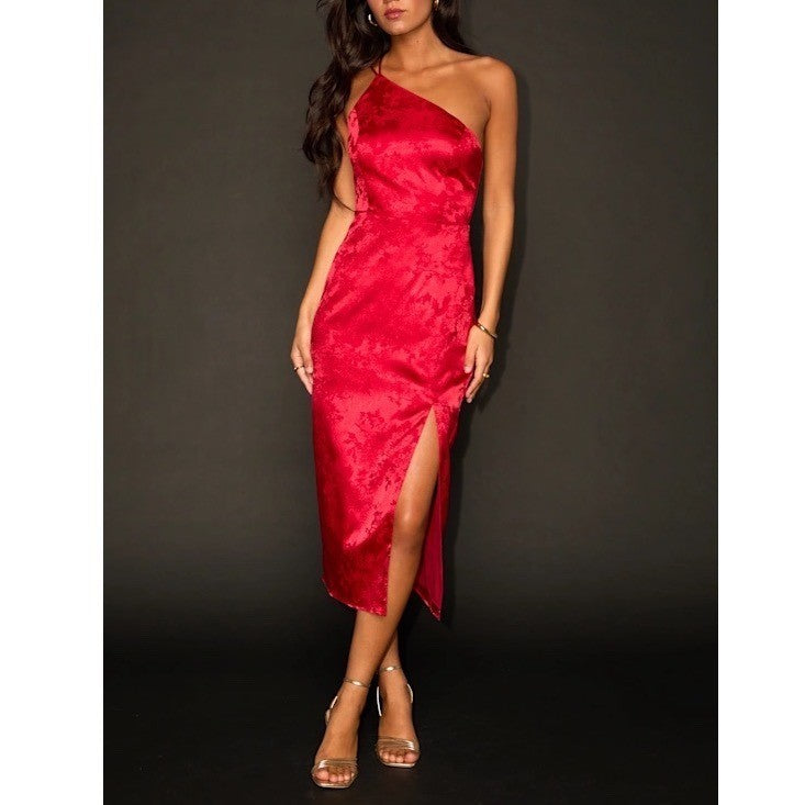 Lulus Desirable Dream Midi Dress Womens XS Red Jacquard Front Slit Back Zip