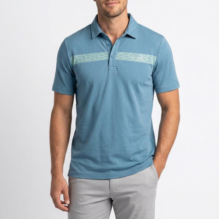 TravisMathew Full Flight Blue Geometric Stripe Polo Shirt Mens Size S NEW