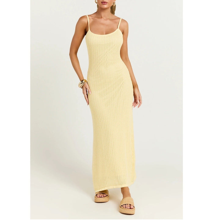 Showpo Fhel Maxi Dress Lemon Yellow Crochet Strappy Knit Sundress US 8 PH9475
