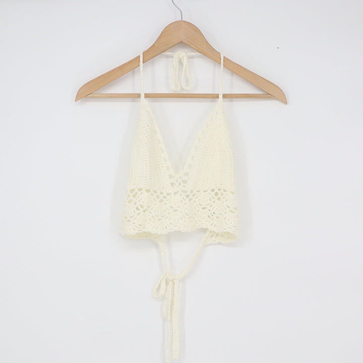 Cream Crochet Halter Top Boho Festival Bralette V-Neck Tie Back Cream Size M
