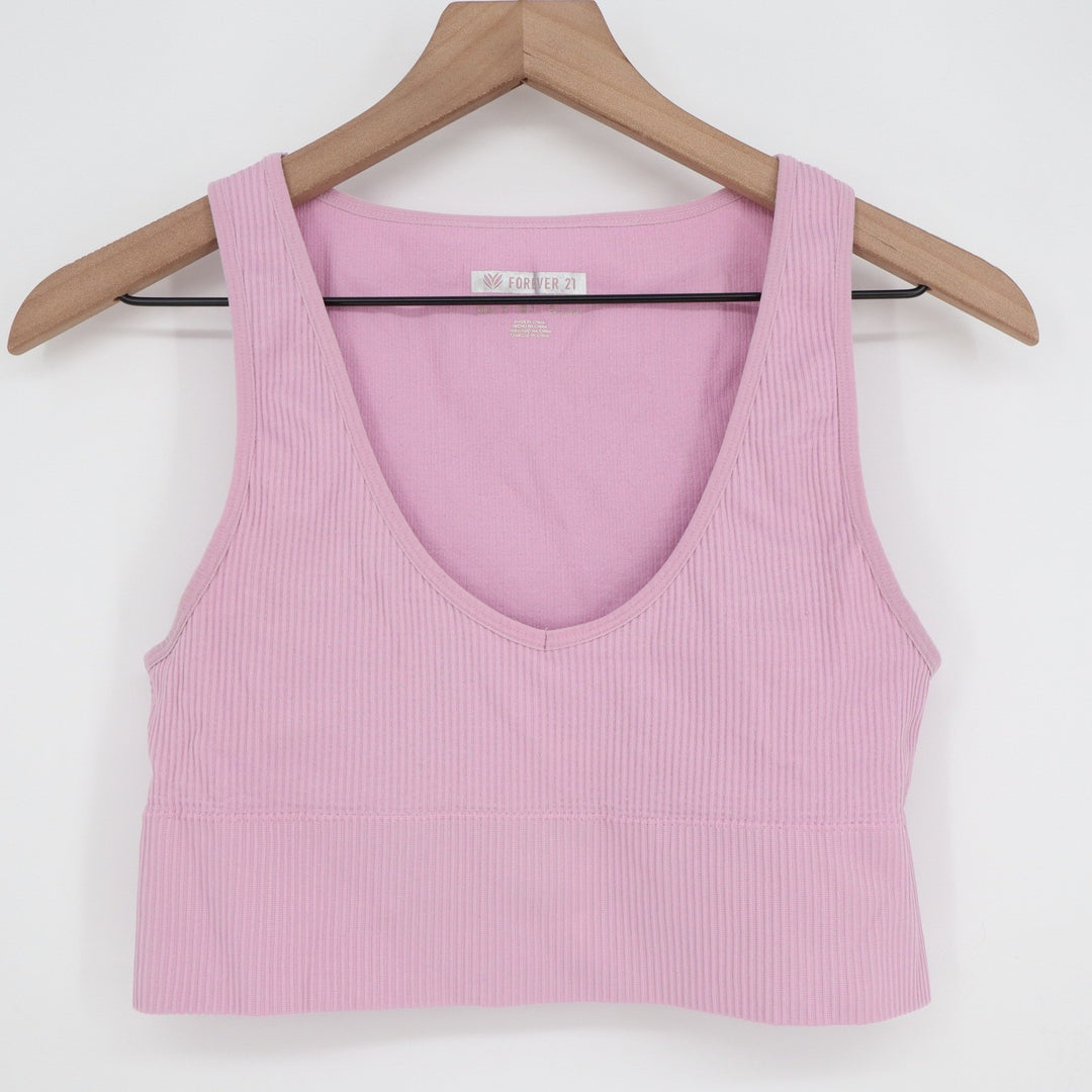 Forever 21 Pink Ribbed Seamless V-Neck Crop Tank Top Women Large