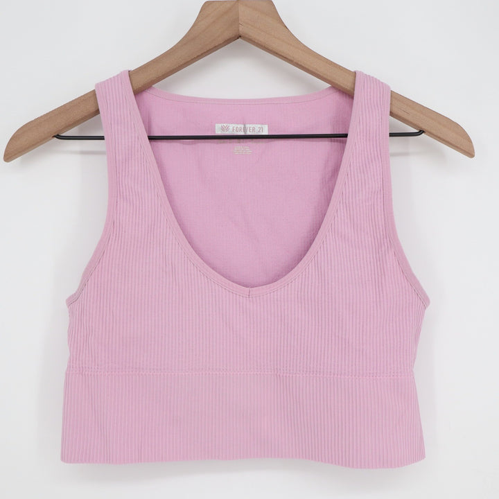 Forever 21 Pink Ribbed Seamless V-Neck Crop Tank Top Women Large