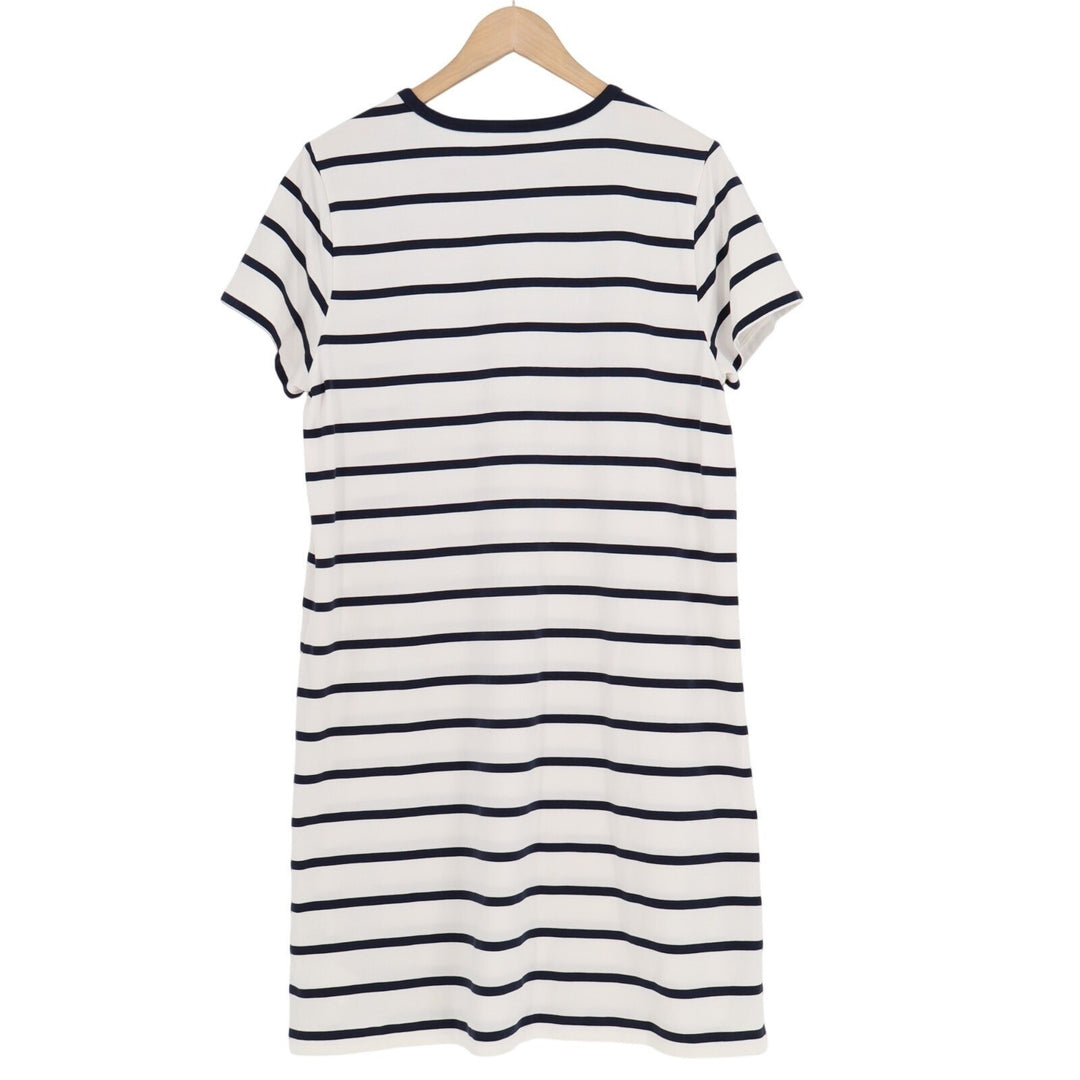 Athleta T-Shirt Dress Women L White Blue Striped Crew Neck Short Sleeve Pullover