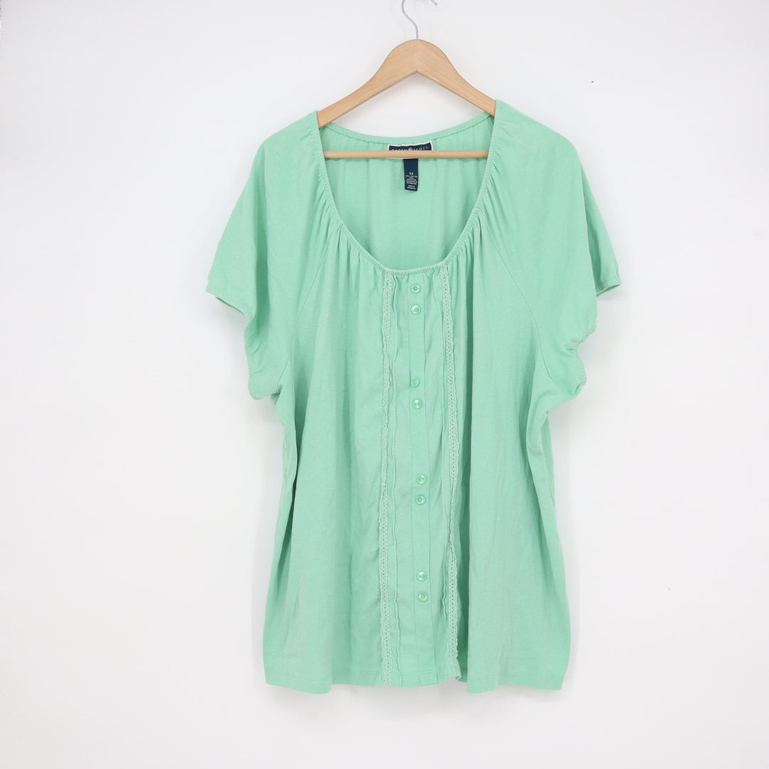 Karen Scott Woman Mint Green Lace Trim Button Front Knit Top Plus Size 3X