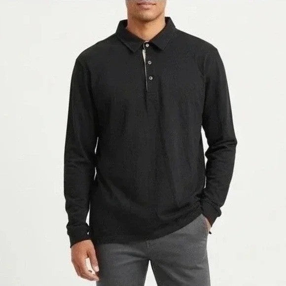 American Giant Mens Long Sleeve Black Polo Shirt Made in USA Size L