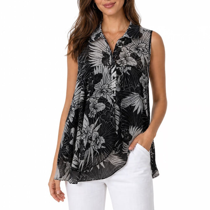 Black White Tropical Floral Sheer Sleeveless Button Up Blouse Top Large