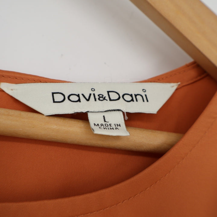 Davi&Dani Mini Dress Womens L Orange Pleated Ruffle Hem Long Sleeve Round Neck
