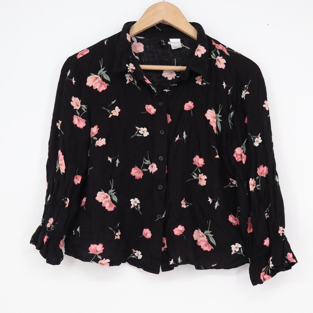 H&M Divided Black Pink Floral Viscose Button Up Blouse Smocked Size 6